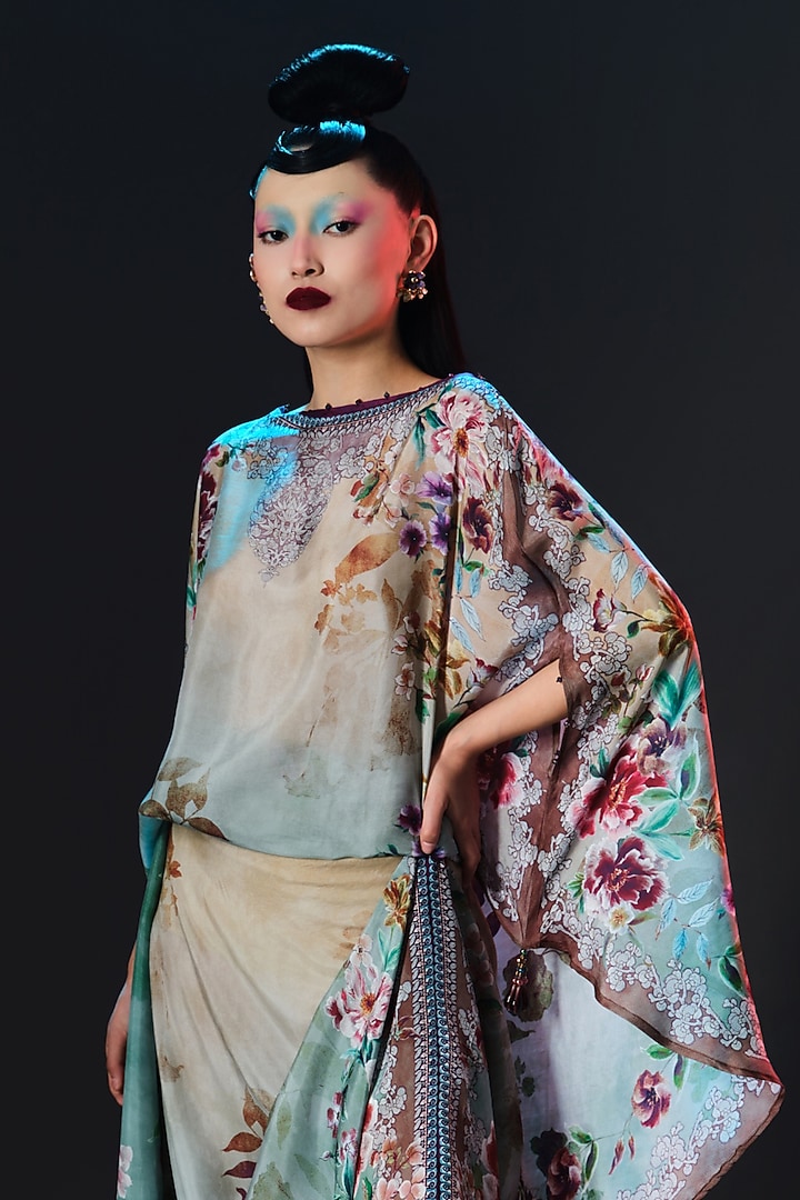 Beige & Sage Green Silk Printed Side Tuck-Up Skirt Set by Rajdeep Ranawat at Pernia's Pop Up Shop