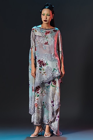 Beige & Sage Green Silk Printed Side Tuck-Up Skirt Set by Rajdeep Ranawat