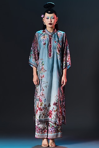 Slate Blue Silk Long Panel Tunic by Rajdeep Ranawat