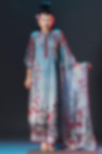 Slate Blue Kota Silk Printed Dupatta by Rajdeep Ranawat at Pernia's Pop Up Shop