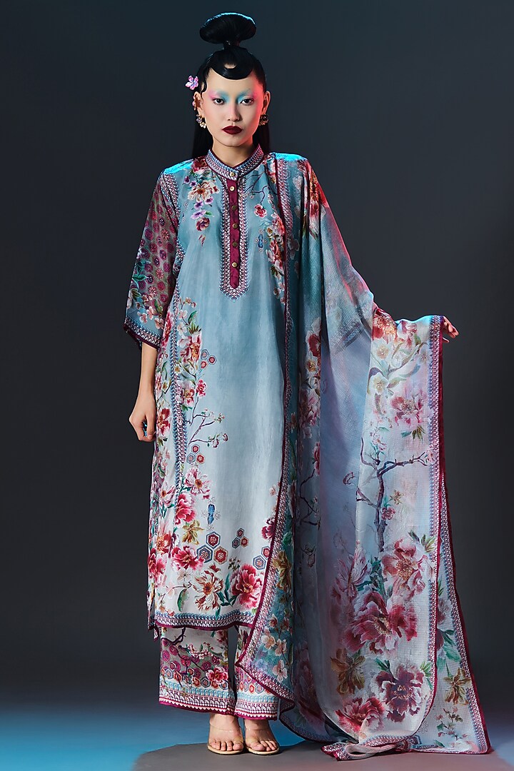 Slate Blue Kota Silk Printed Dupatta by Rajdeep Ranawat at Pernia's Pop Up Shop