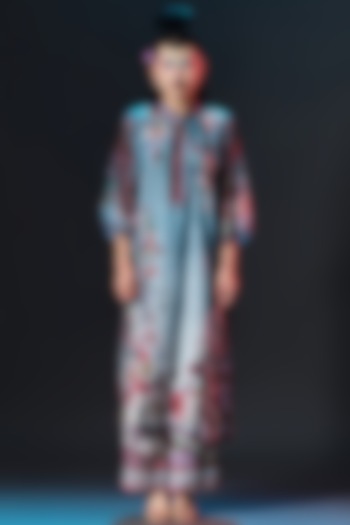 Slate Blue Modal Satin Printed Pants by Rajdeep Ranawat at Pernia's Pop Up Shop