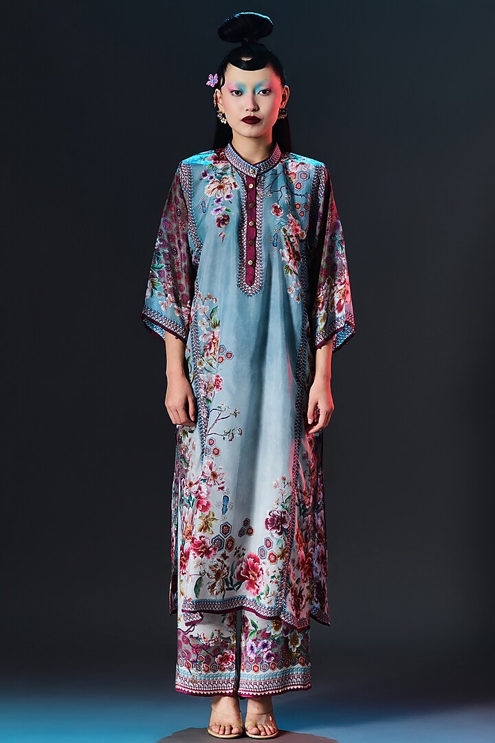 Slate Blue Modal Satin Printed Pants by Rajdeep Ranawat at Pernia's Pop Up Shop