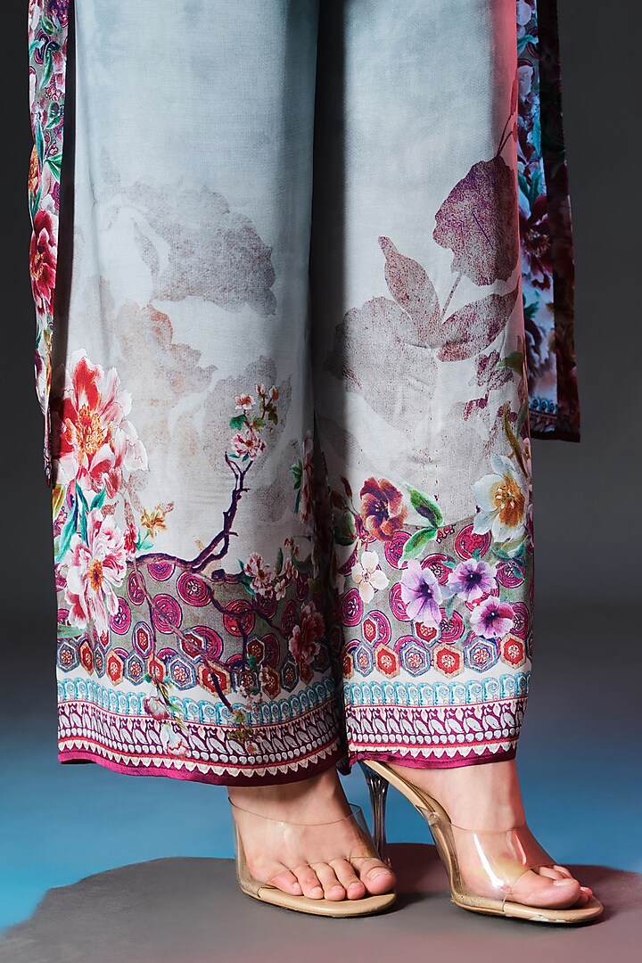 Slate Blue Modal Satin Printed Pants by Rajdeep Ranawat at Pernia's Pop Up Shop