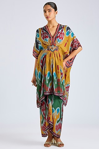 Mustard Silk Printed Swing-Back Kaftan Set by Rajdeep Ranawat