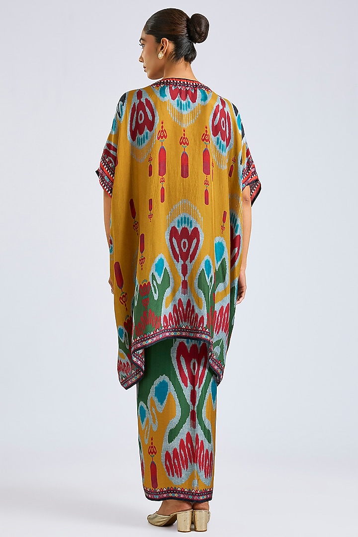 Mustard Silk Printed Swing-Back Kaftan Set by Rajdeep Ranawat at Pernia's Pop Up Shop
