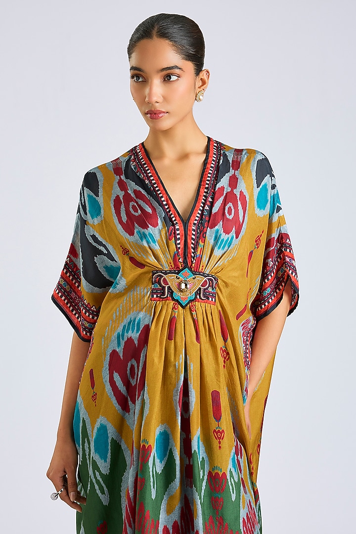 Mustard Silk Printed Swing-Back Kaftan Set by Rajdeep Ranawat at Pernia's Pop Up Shop