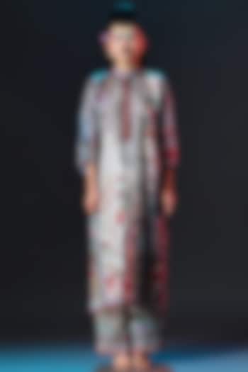 Beige & Sage Green Silk Long Panel Tunic by Rajdeep Ranawat at Pernia's Pop Up Shop