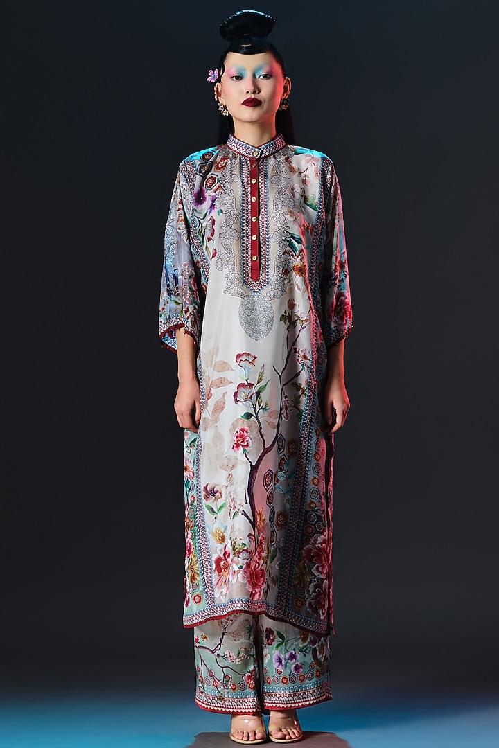 Beige & Sage Green Silk Long Panel Tunic by Rajdeep Ranawat at Pernia's Pop Up Shop