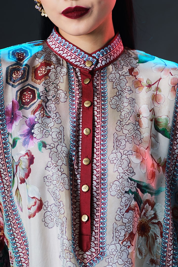 Beige & Sage Green Silk Long Panel Tunic by Rajdeep Ranawat at Pernia's Pop Up Shop