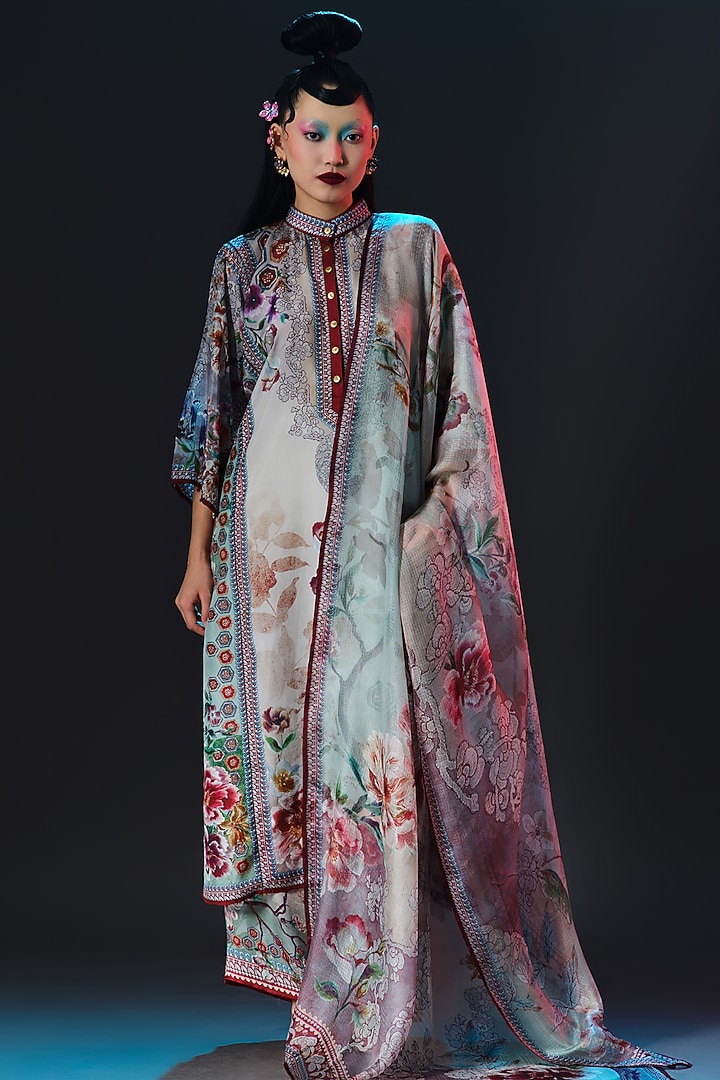 Beige & Sage Green Kota Silk Printed Dupatta by Rajdeep Ranawat at Pernia's Pop Up Shop