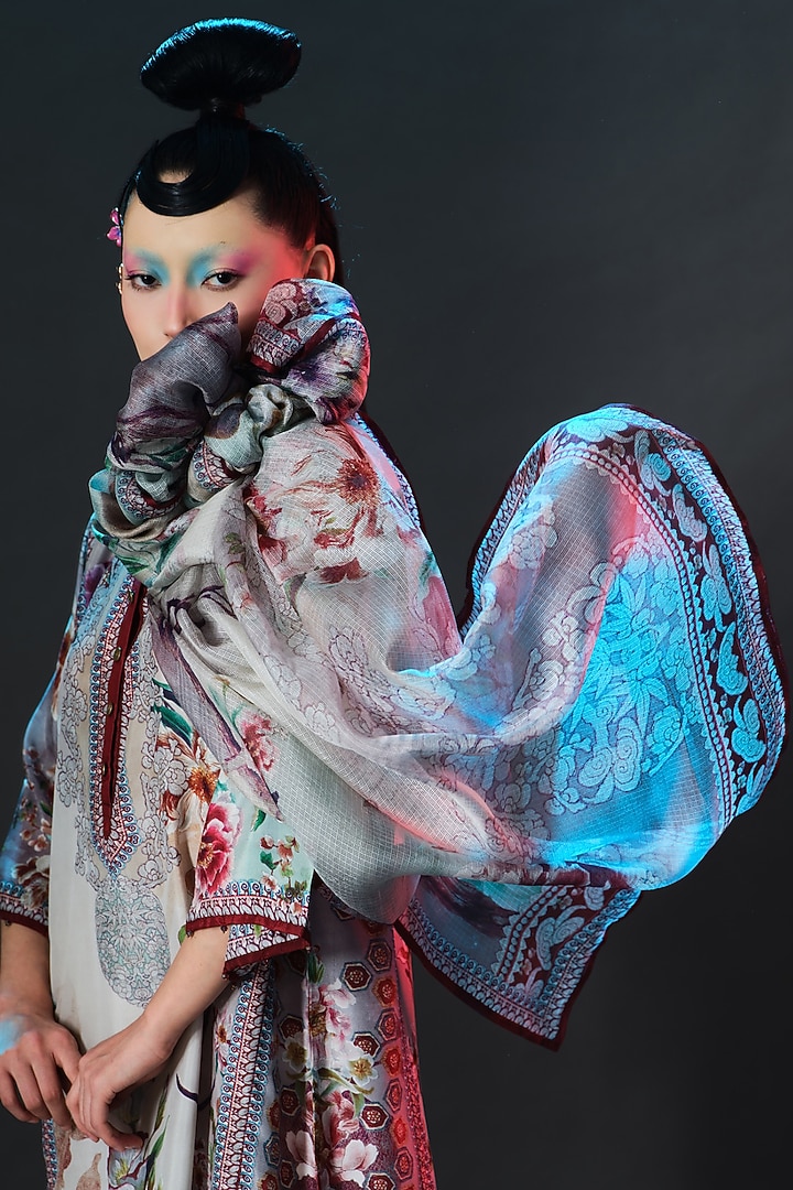 Beige & Sage Green Kota Silk Printed Dupatta by Rajdeep Ranawat at Pernia's Pop Up Shop