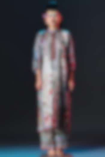 Beige & Sage Green Modal Satin Printed Pants by Rajdeep Ranawat at Pernia's Pop Up Shop