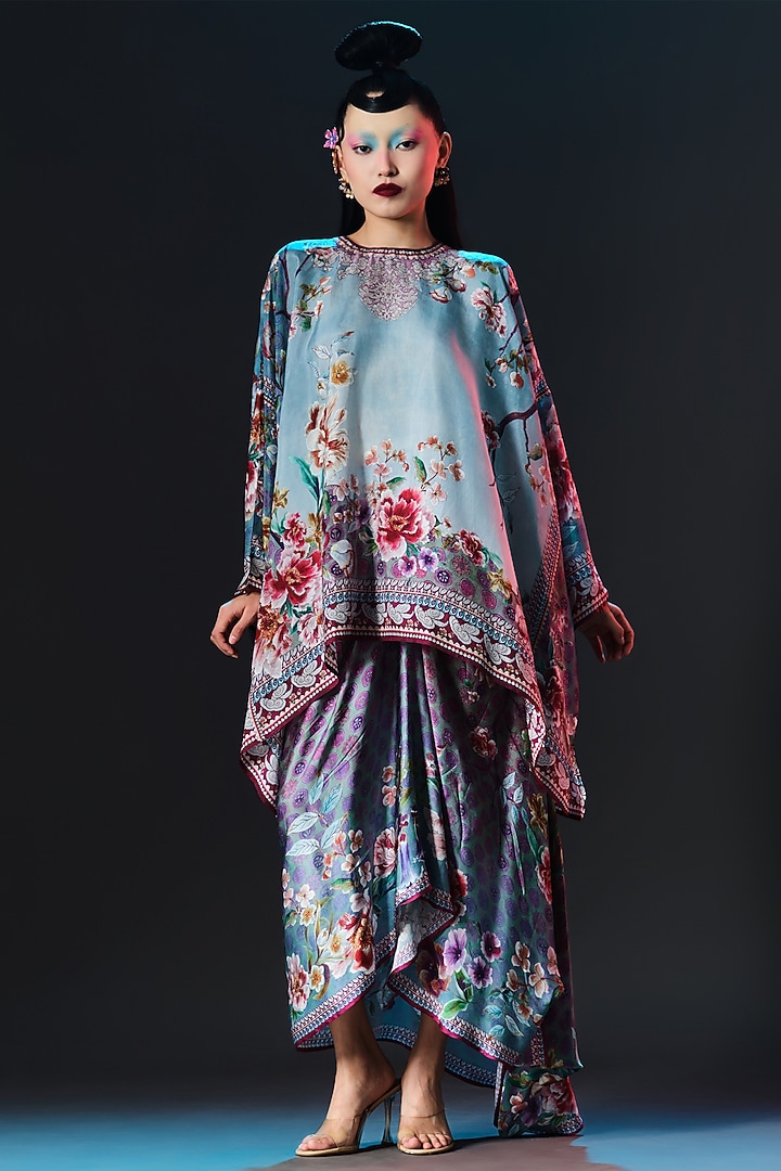 Slate Blue Modal Satin Printed Draped Skirt Set by Rajdeep Ranawat at Pernia's Pop Up Shop