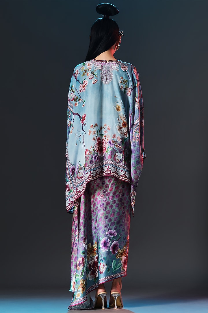 Slate Blue Modal Satin Printed Draped Skirt Set by Rajdeep Ranawat at Pernia's Pop Up Shop