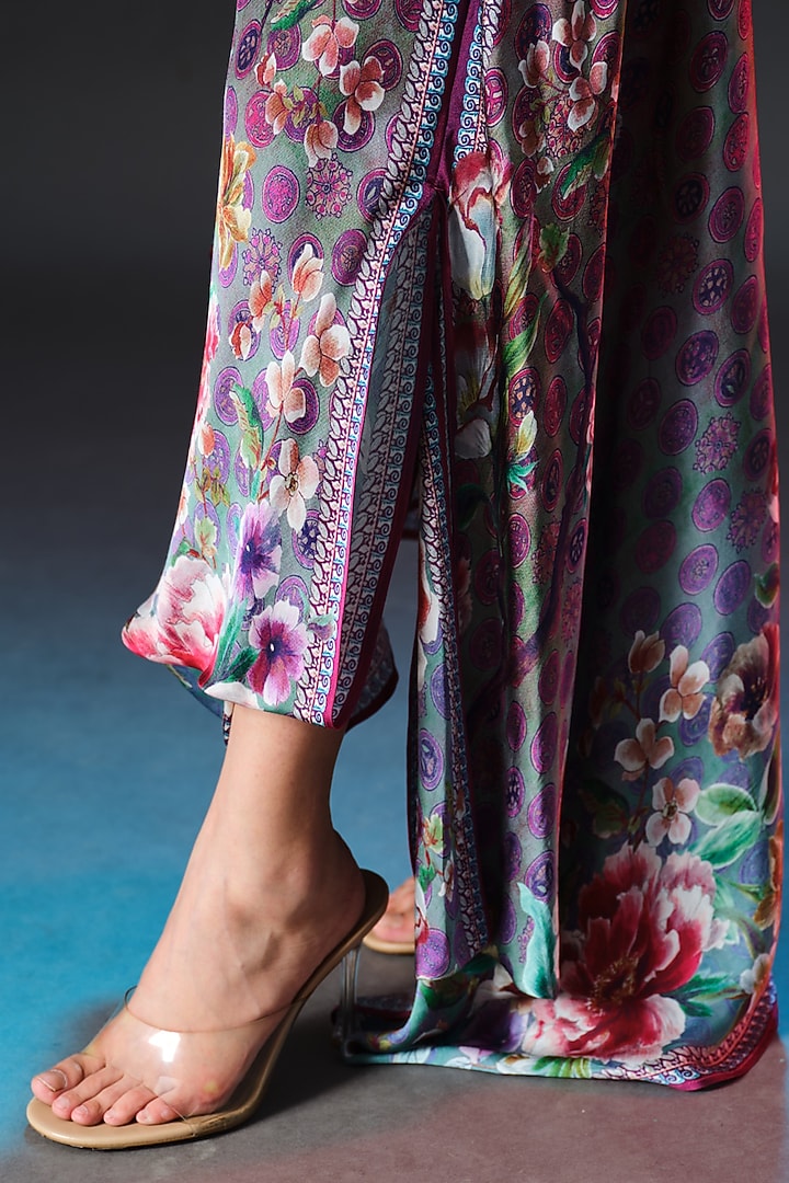 Slate Blue Modal Satin Printed Draped Skirt Set by Rajdeep Ranawat at Pernia's Pop Up Shop