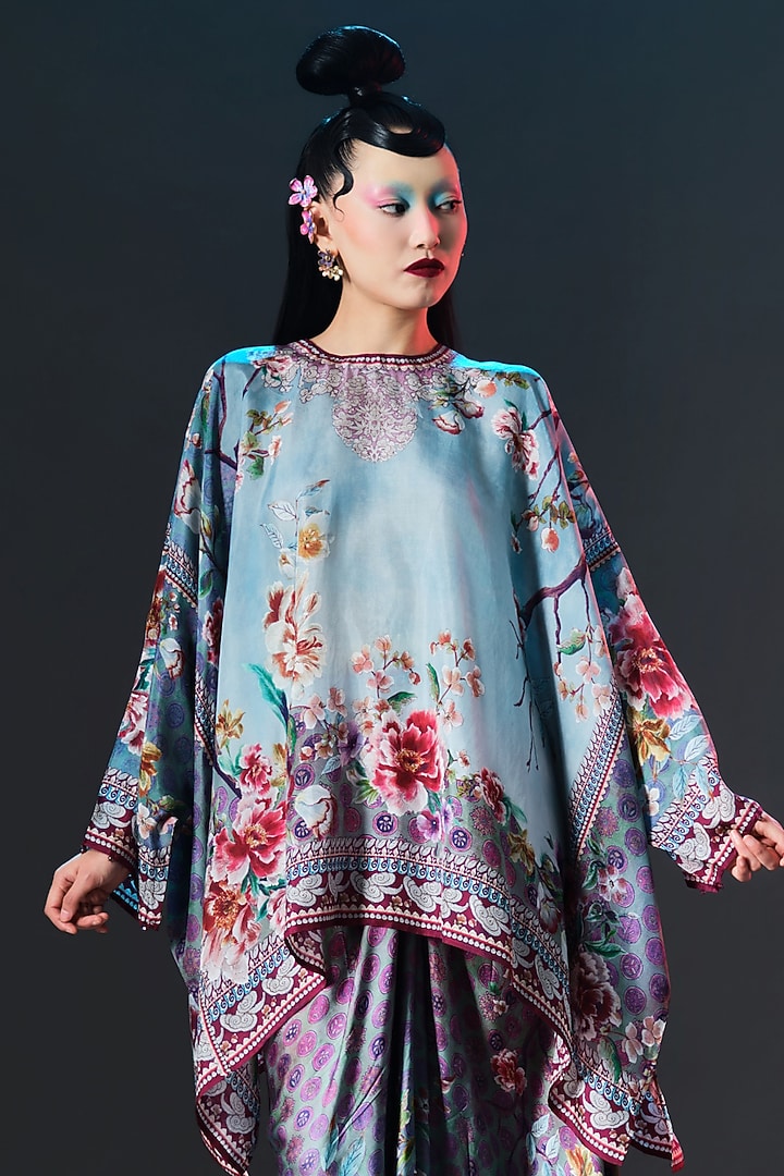 Slate Blue Modal Satin Printed Draped Skirt Set by Rajdeep Ranawat at Pernia's Pop Up Shop