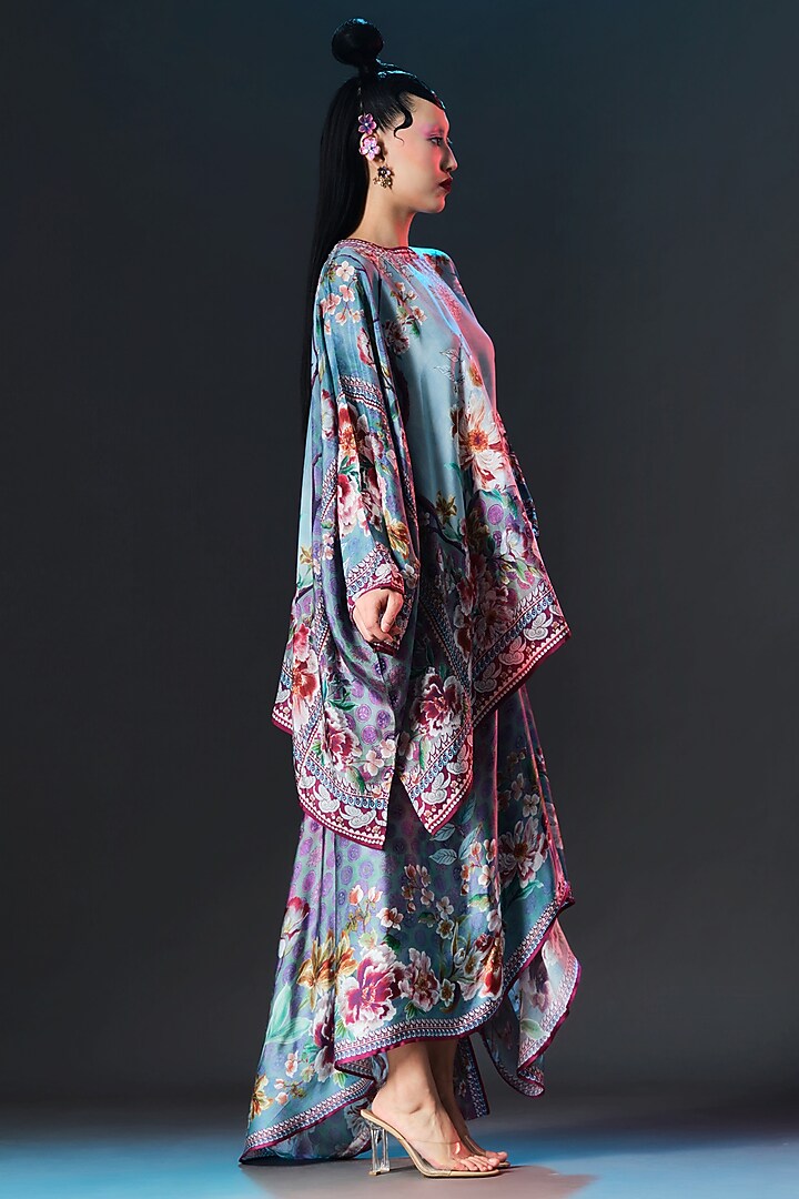 Slate Blue Modal Satin Printed Draped Skirt Set by Rajdeep Ranawat at Pernia's Pop Up Shop