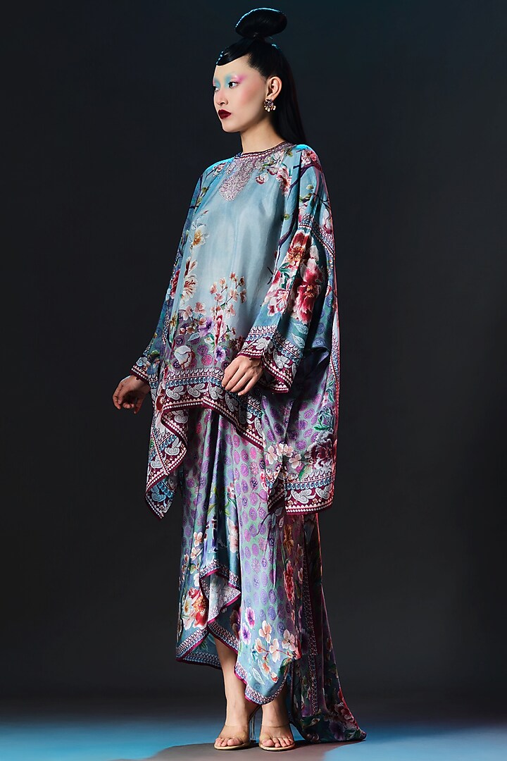 Slate Blue Modal Satin Printed Draped Skirt Set by Rajdeep Ranawat at Pernia's Pop Up Shop