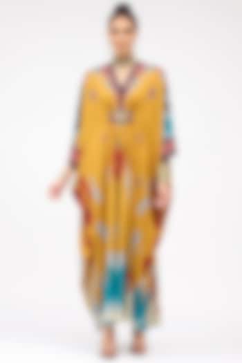 Mustard Silk Printed Kaftan by Rajdeep Ranawat at Pernia's Pop Up Shop