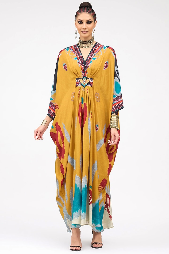 Mustard Silk Printed Kaftan by Rajdeep Ranawat at Pernia's Pop Up Shop
