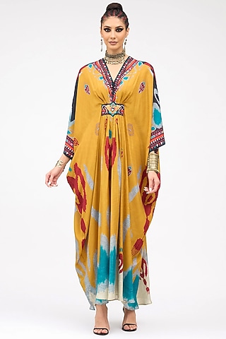 Mustard Silk Printed Kaftan by Rajdeep Ranawat