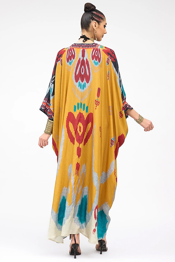 Mustard Silk Printed Kaftan by Rajdeep Ranawat at Pernia's Pop Up Shop