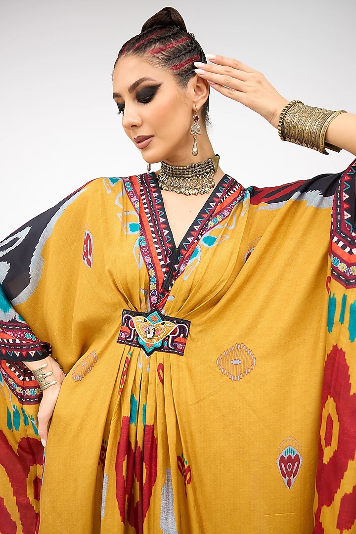 Mustard Silk Printed Kaftan by Rajdeep Ranawat at Pernia's Pop Up Shop