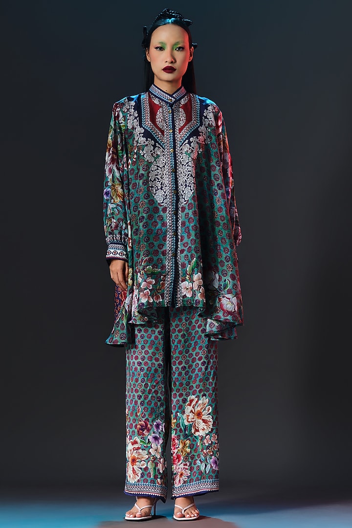 Jade Green Modal Satin Printed Pants by Rajdeep Ranawat at Pernia's Pop Up Shop