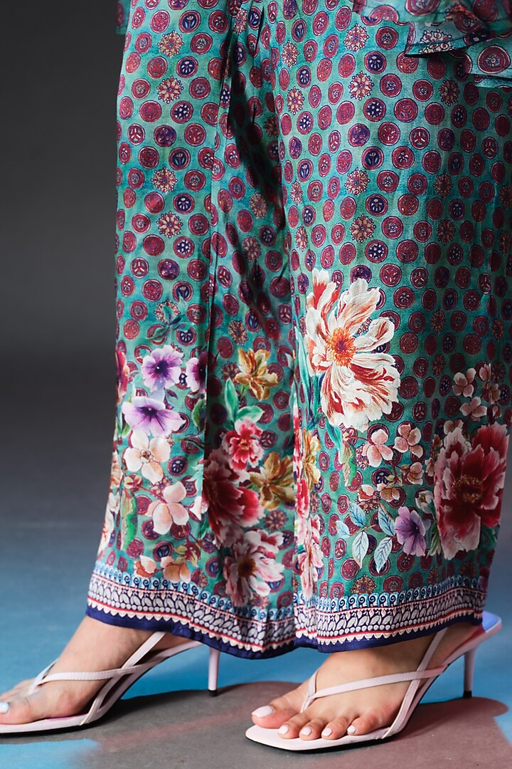 Jade Green Modal Satin Printed Pants by Rajdeep Ranawat at Pernia's Pop Up Shop