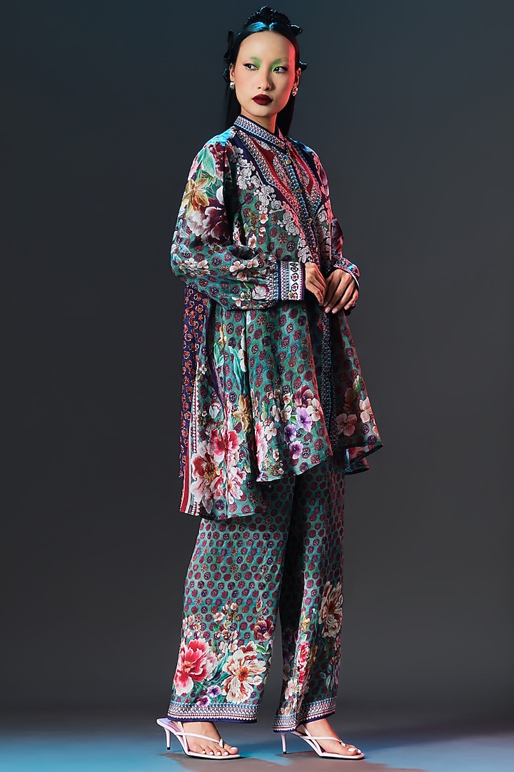 Jade Green Modal Satin Printed Pants by Rajdeep Ranawat at Pernia's Pop Up Shop