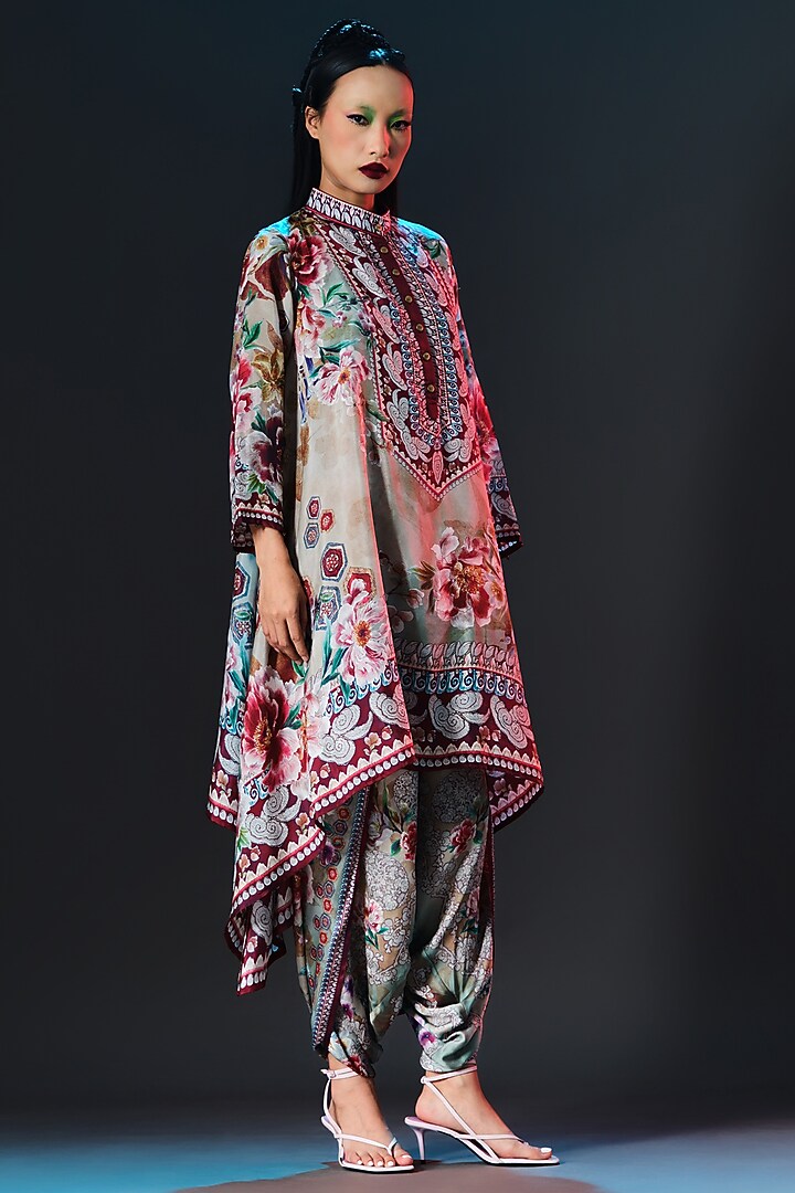 Beige & Sage Green Silk Draped Tunic by Rajdeep Ranawat at Pernia's Pop Up Shop