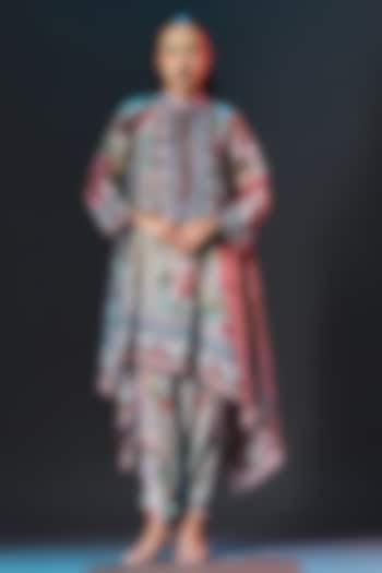 Beige & Sage Green Modal Satin Printed Dhoti Pants by Rajdeep Ranawat at Pernia's Pop Up Shop