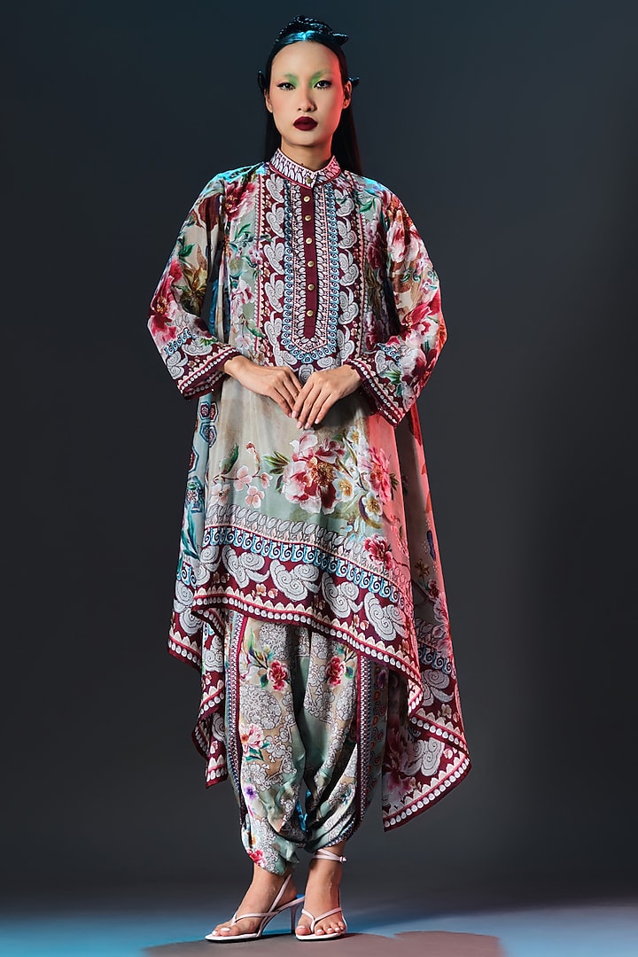 Beige & Sage Green Modal Satin Printed Dhoti Pants by Rajdeep Ranawat at Pernia's Pop Up Shop