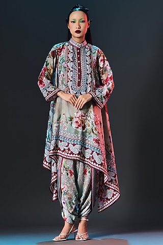 Beige & Sage Green Modal Satin Printed Dhoti Pants by Rajdeep Ranawat