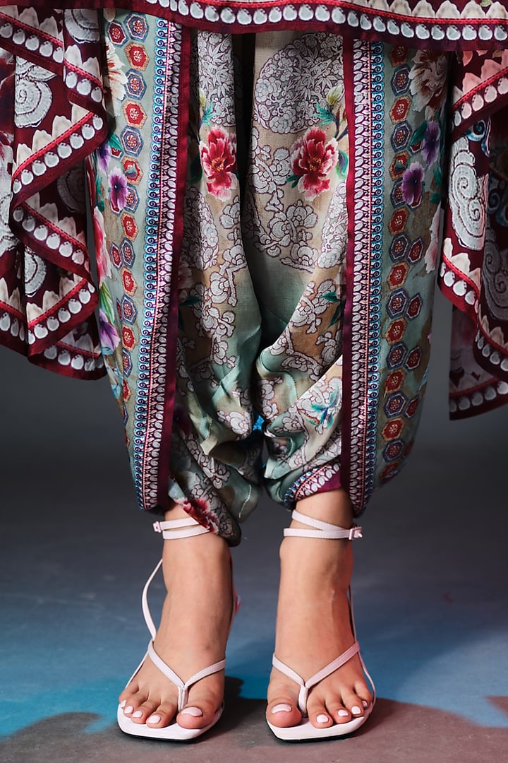 Beige & Sage Green Modal Satin Printed Dhoti Pants by Rajdeep Ranawat at Pernia's Pop Up Shop