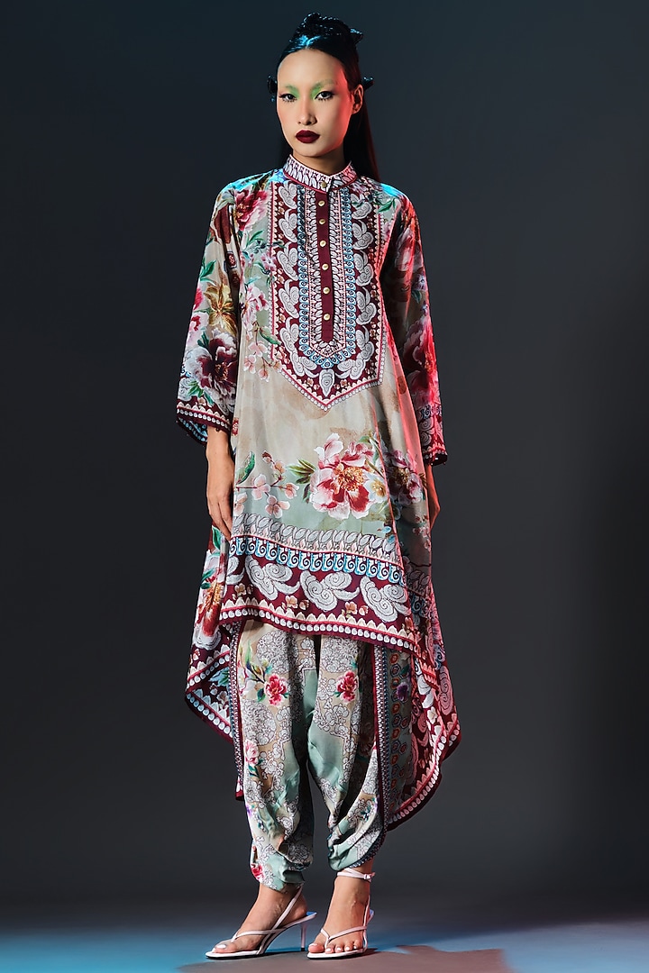Beige & Sage Green Modal Satin Printed Dhoti Pants by Rajdeep Ranawat at Pernia's Pop Up Shop