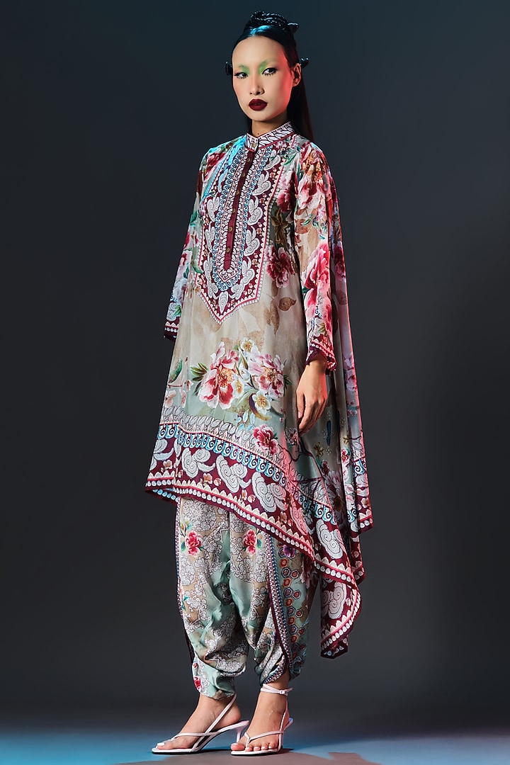 Beige & Sage Green Modal Satin Printed Dhoti Pants by Rajdeep Ranawat at Pernia's Pop Up Shop