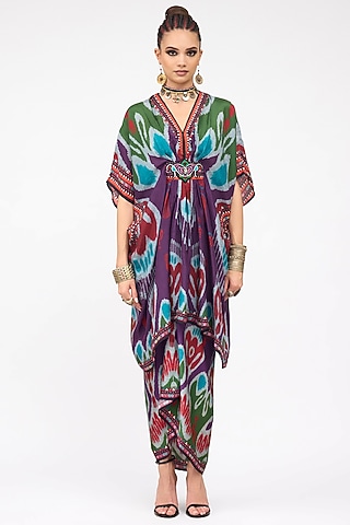 Purple Silk Printed Kaftan Set by Rajdeep Ranawat