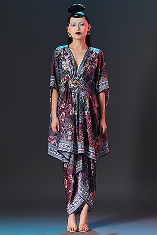 Multi-Colored Silk V-Neck Short Kaftan by Rajdeep Ranawat
