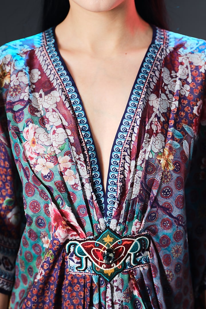 Multi-Colored Silk V-Neck Short Kaftan by Rajdeep Ranawat at Pernia's Pop Up Shop