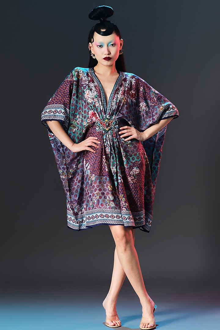 Multi-Colored Silk V-Neck Short Kaftan by Rajdeep Ranawat at Pernia's Pop Up Shop