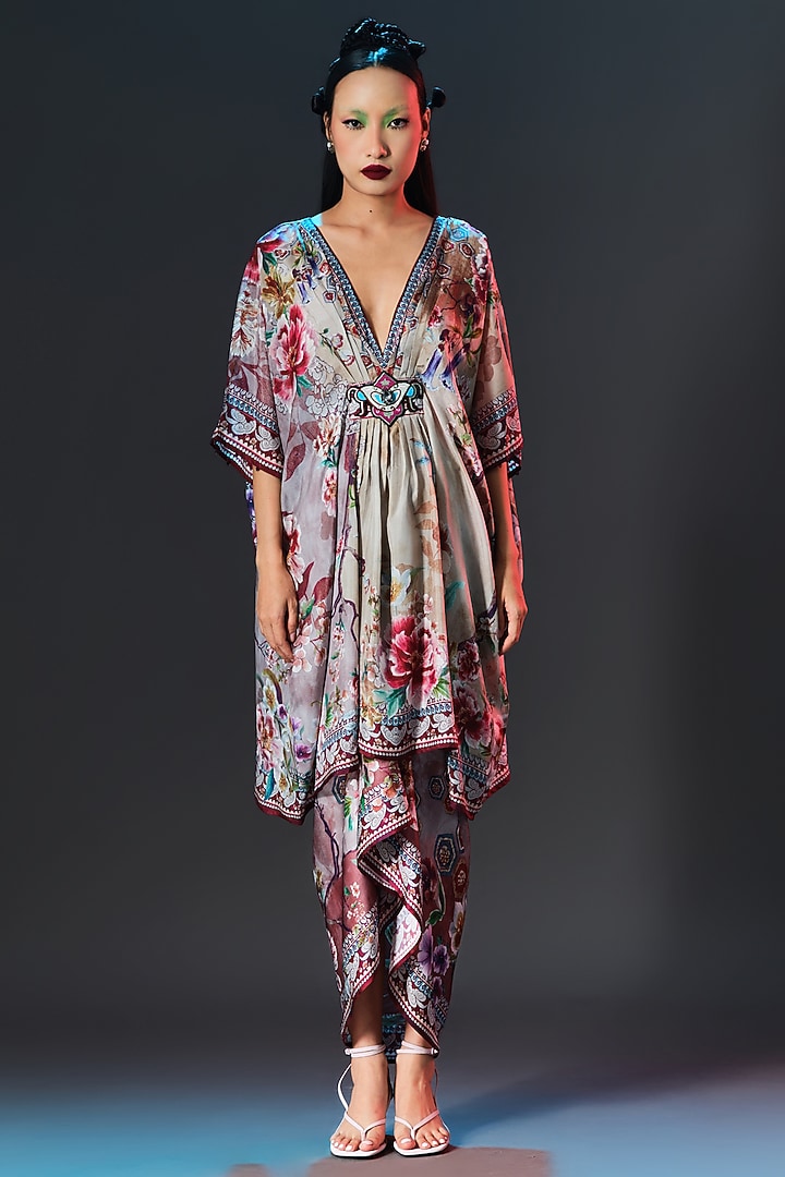 Brick Red & Beige Silk V-Neck Short Kaftan by Rajdeep Ranawat at Pernia's Pop Up Shop