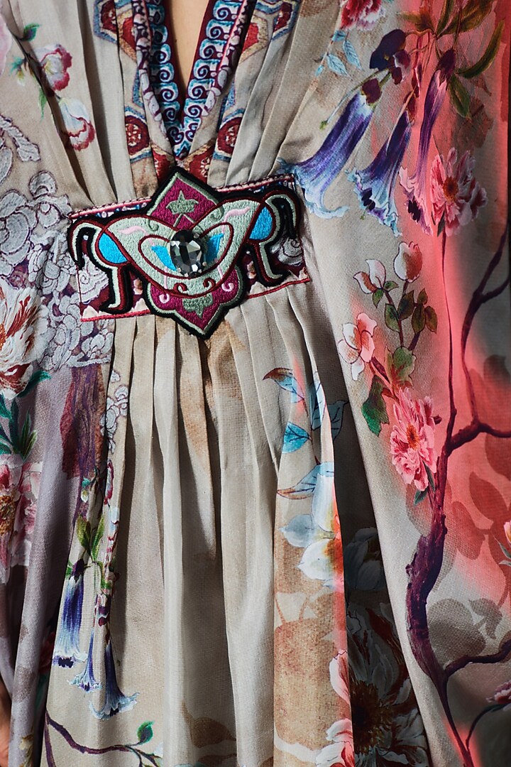 Brick Red & Beige Silk V-Neck Short Kaftan by Rajdeep Ranawat at Pernia's Pop Up Shop