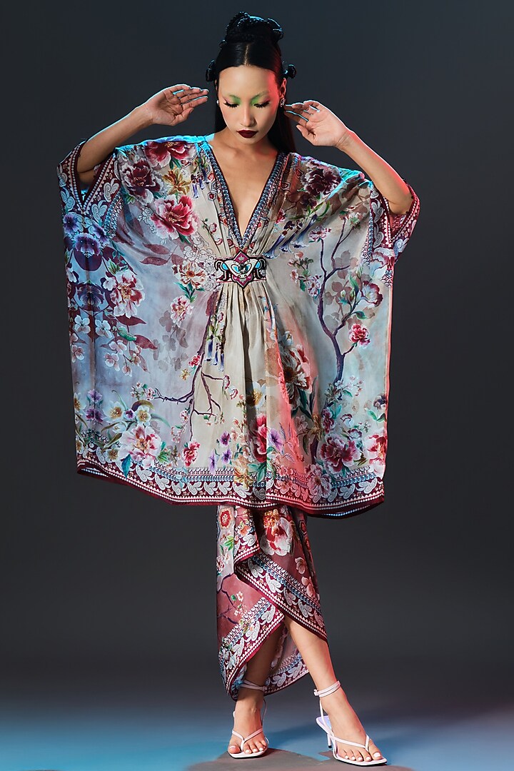 Brick Red & Beige Silk V-Neck Short Kaftan by Rajdeep Ranawat at Pernia's Pop Up Shop