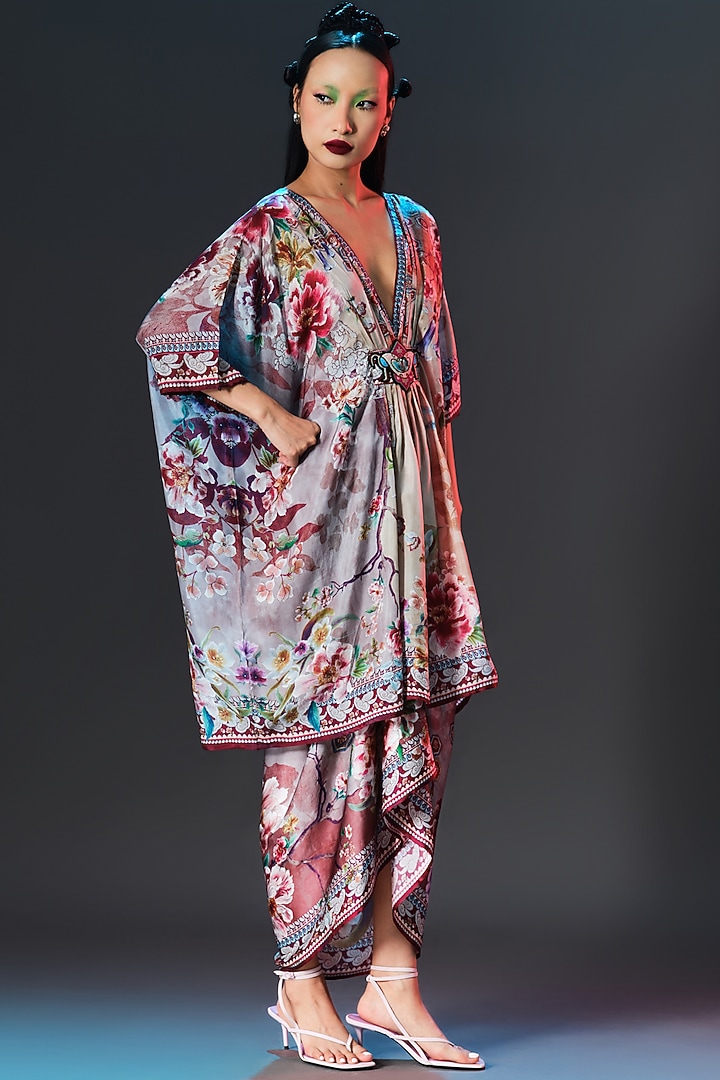 Brick Red & Beige Silk V-Neck Short Kaftan by Rajdeep Ranawat at Pernia's Pop Up Shop