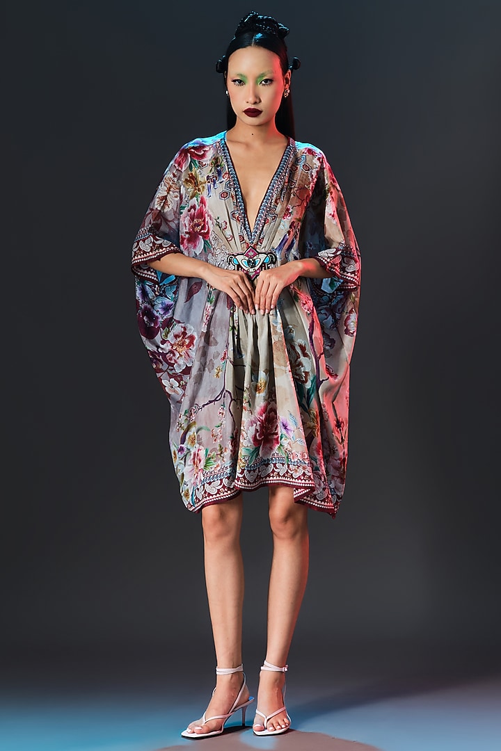 Brick Red & Beige Silk V-Neck Short Kaftan by Rajdeep Ranawat at Pernia's Pop Up Shop