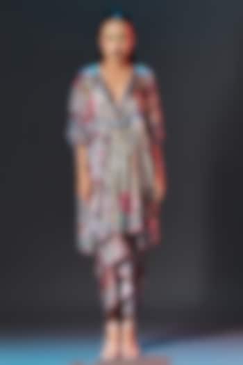 Brick Red & Beige Modal Satin Printed Draped Skirt by Rajdeep Ranawat at Pernia's Pop Up Shop