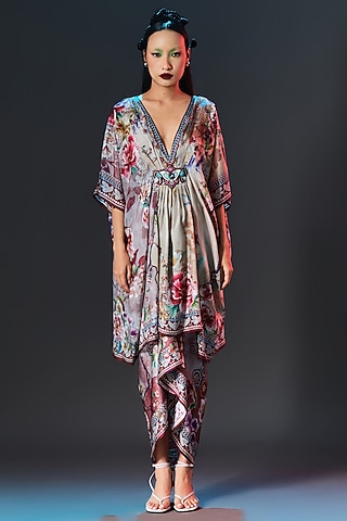 Brick Red & Beige Modal Satin Printed Draped Skirt by Rajdeep Ranawat
