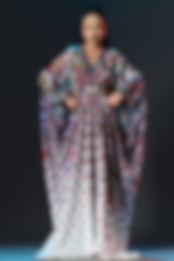 Brick Red & White Silk Printed Long Kaftan by Rajdeep Ranawat at Pernia's Pop Up Shop